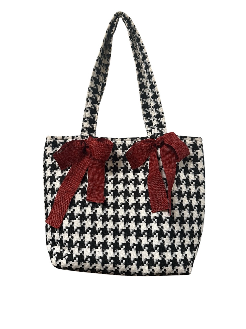 Black & White Houndstooth Tote with Burgundy Bows